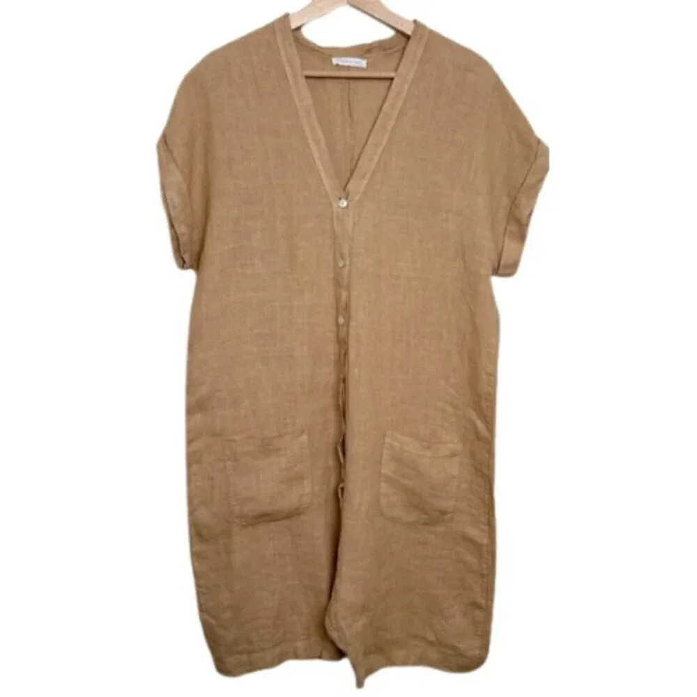 Made  In Italy Womens Medium Linen Vneck Button Tan Romper - Picture 3 of 13